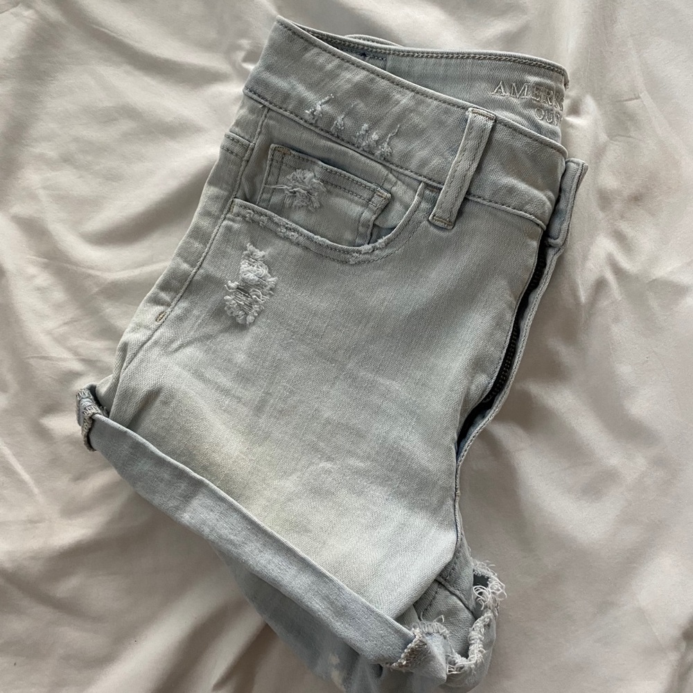 light wash high rise distressed shorts